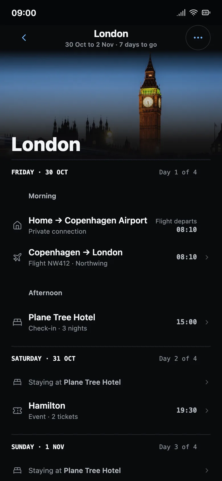 Example London trip on Friday 23 October at 09:00, 7 days to go, over its Timeline: Friday the flight to London at 08:10 and the Plane Tree Hotel, Saturday Hamilton