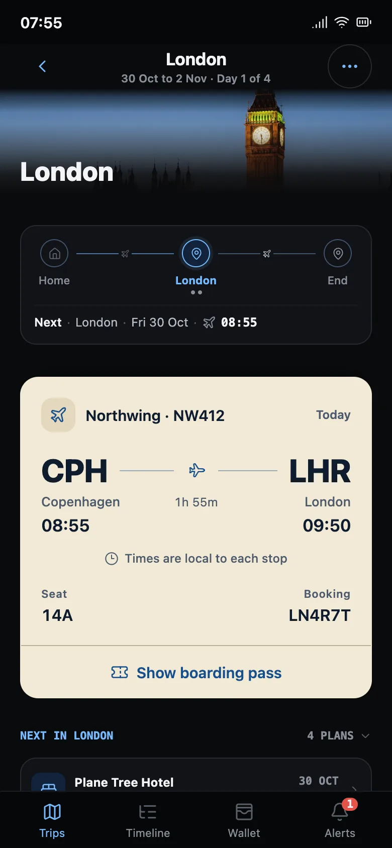 Example: the London trip at 07:55 on the travel day, the NW412 ticket for 08:55 with seat 14A and Show boarding pass